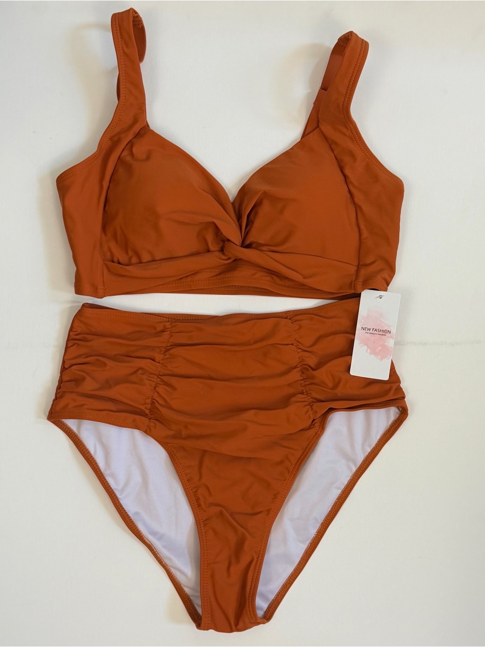 Twist-Front Wide Straps High-Waist Tummy Support Bikini Set in Burnt Orange Med. - Picture 7 of 11